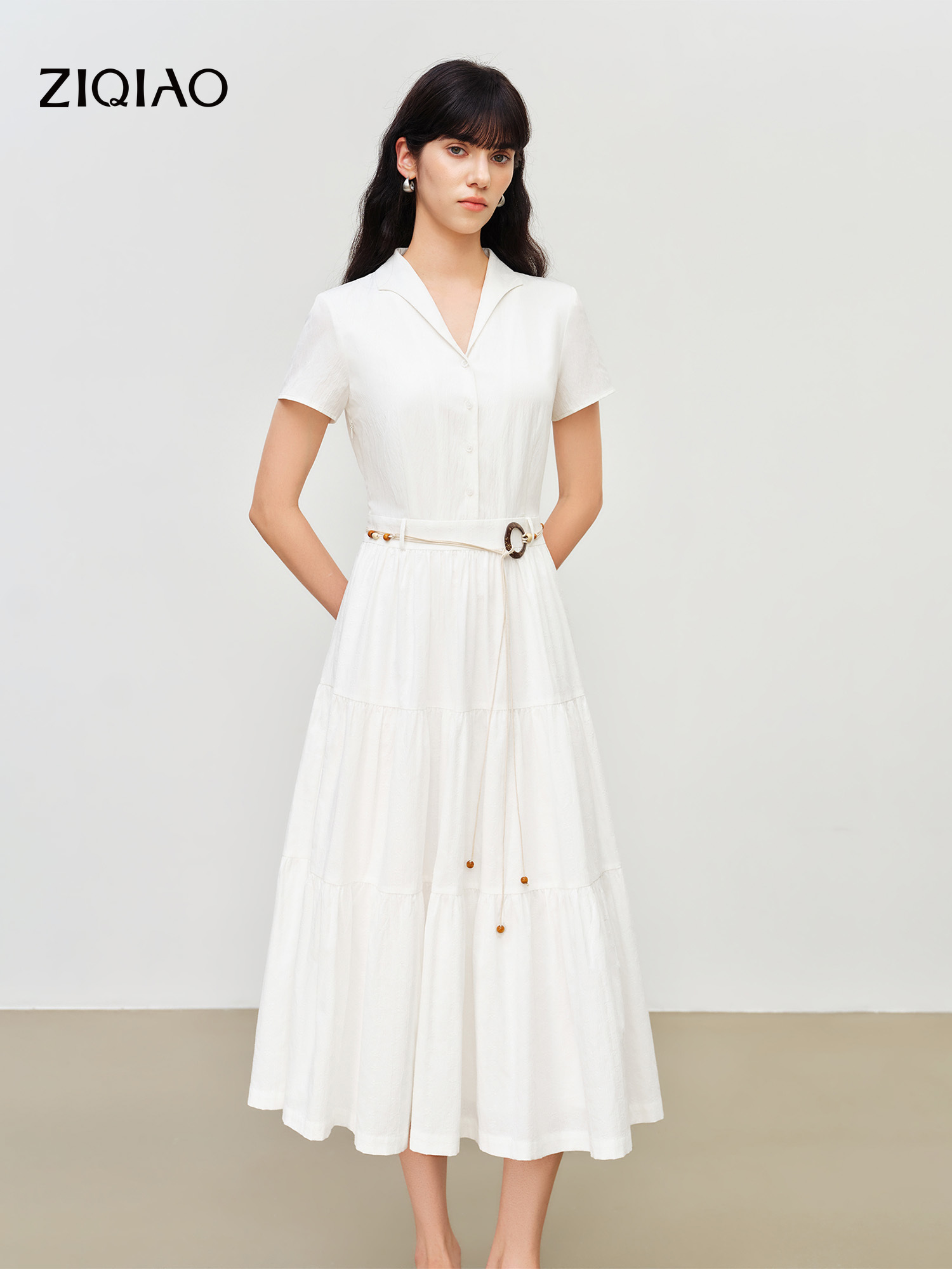 Belted Shirt Dress - ZIQIAO 2026 Summer Petite Jacquard Belted