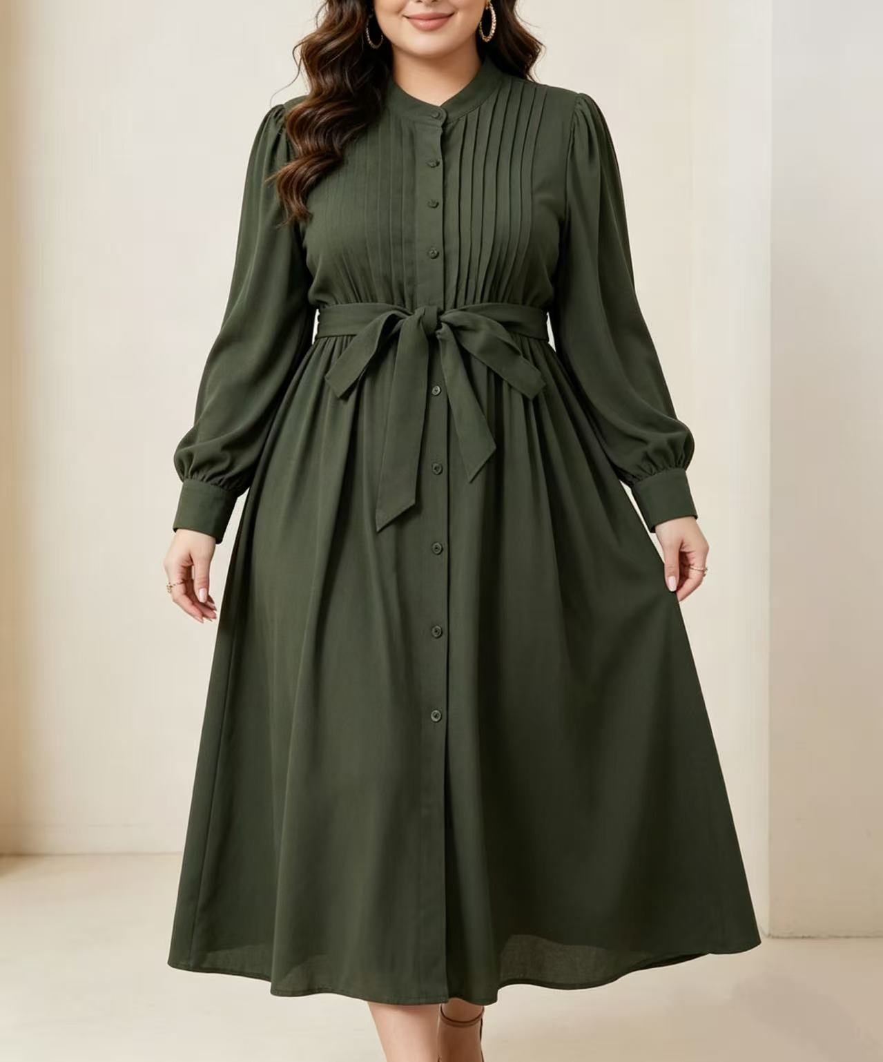 Belted Shirt Dress - Plus size women's army green pleated