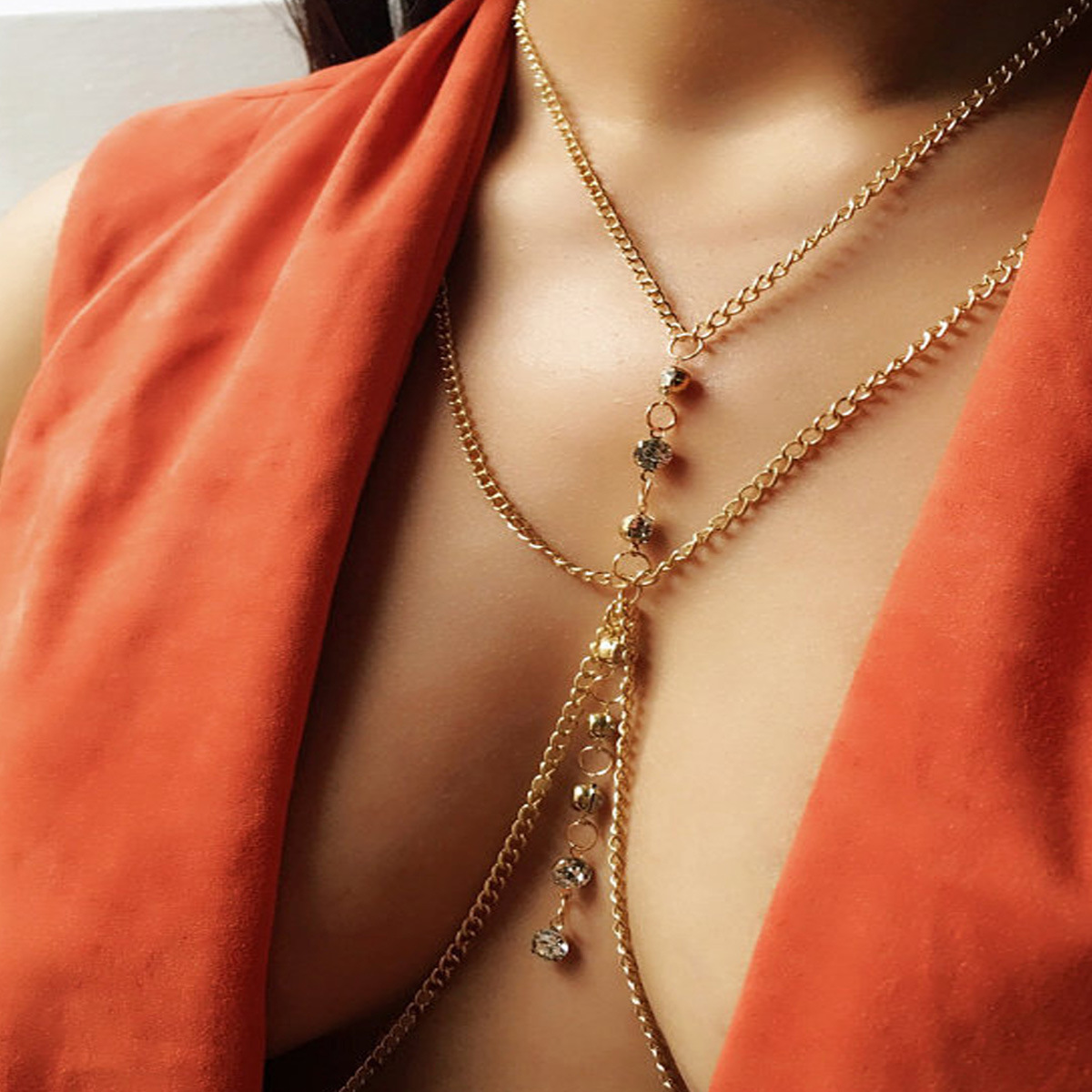 Women'S Fashion Harness - Round Crystal Chest Chain Low Waist