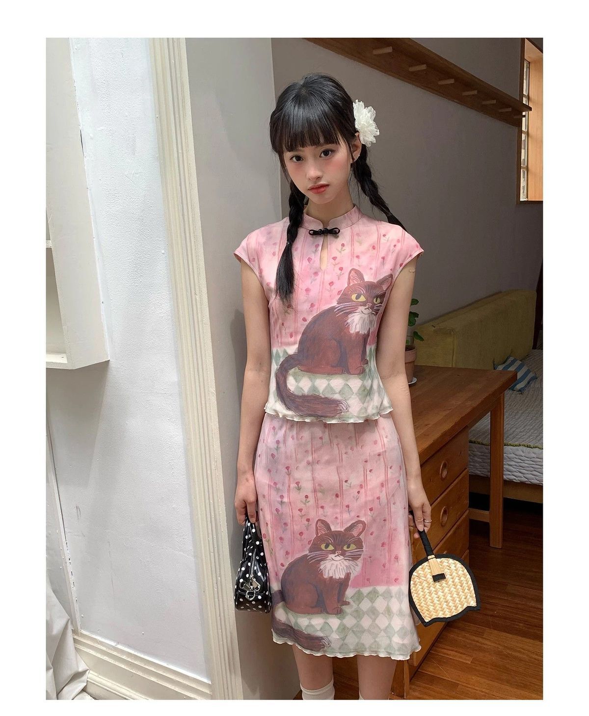 Women Y2K Cat Print Two Piece  - огляд і ціна Asymmetric Top Women