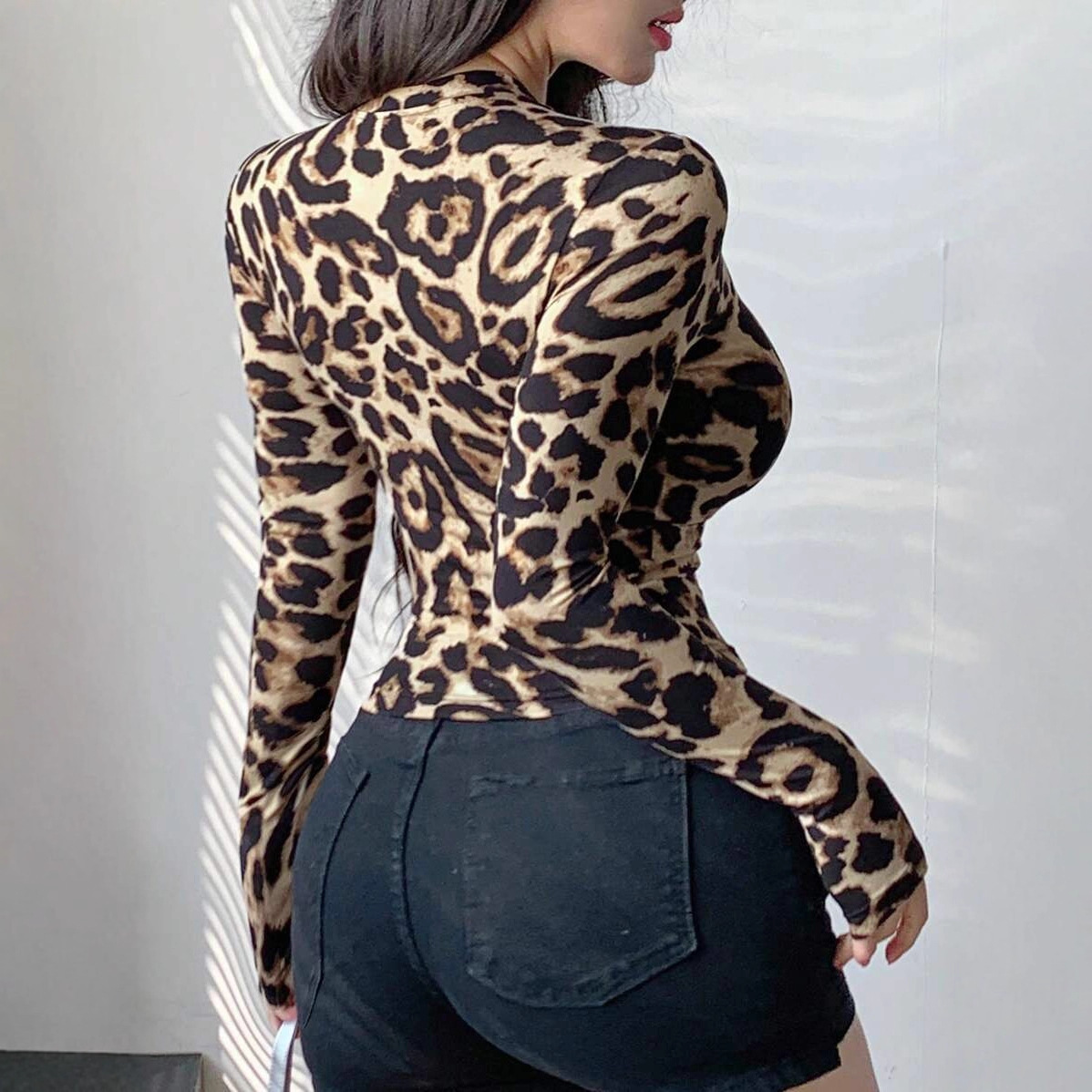 Women Leopard Print Zip Up Lon - огляд і ціна Crop Top Women